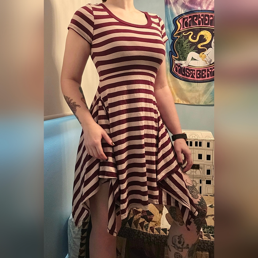 UK2LA Y2K Asymmetrical Hanky Hem Striped Fit and Flare T Shirt Dress